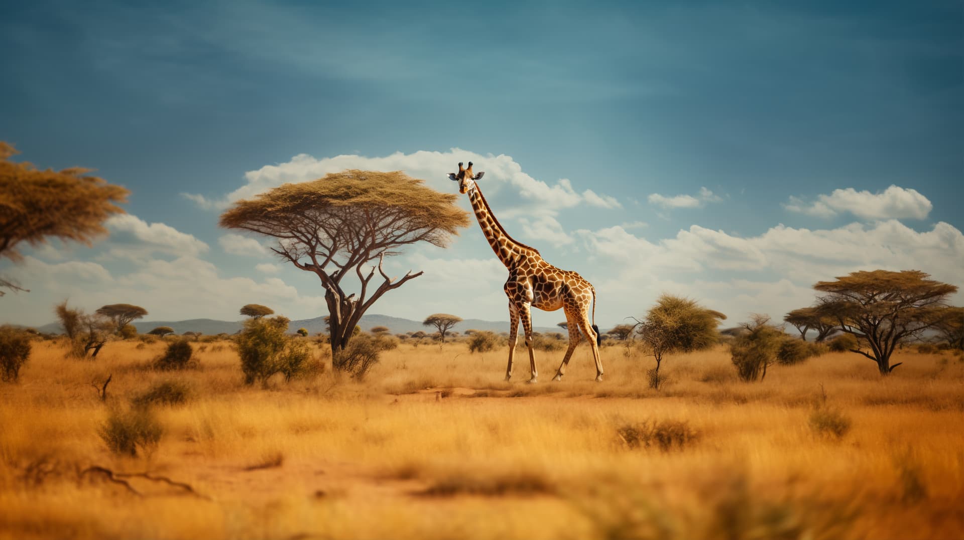 A giraffe standing tall on the open Serengeti plains in Tanzania